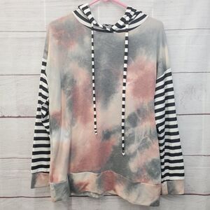 White Birch Tie Dye Hoodie Sweatshirt Medium Striped Black White Hood & Sleeves